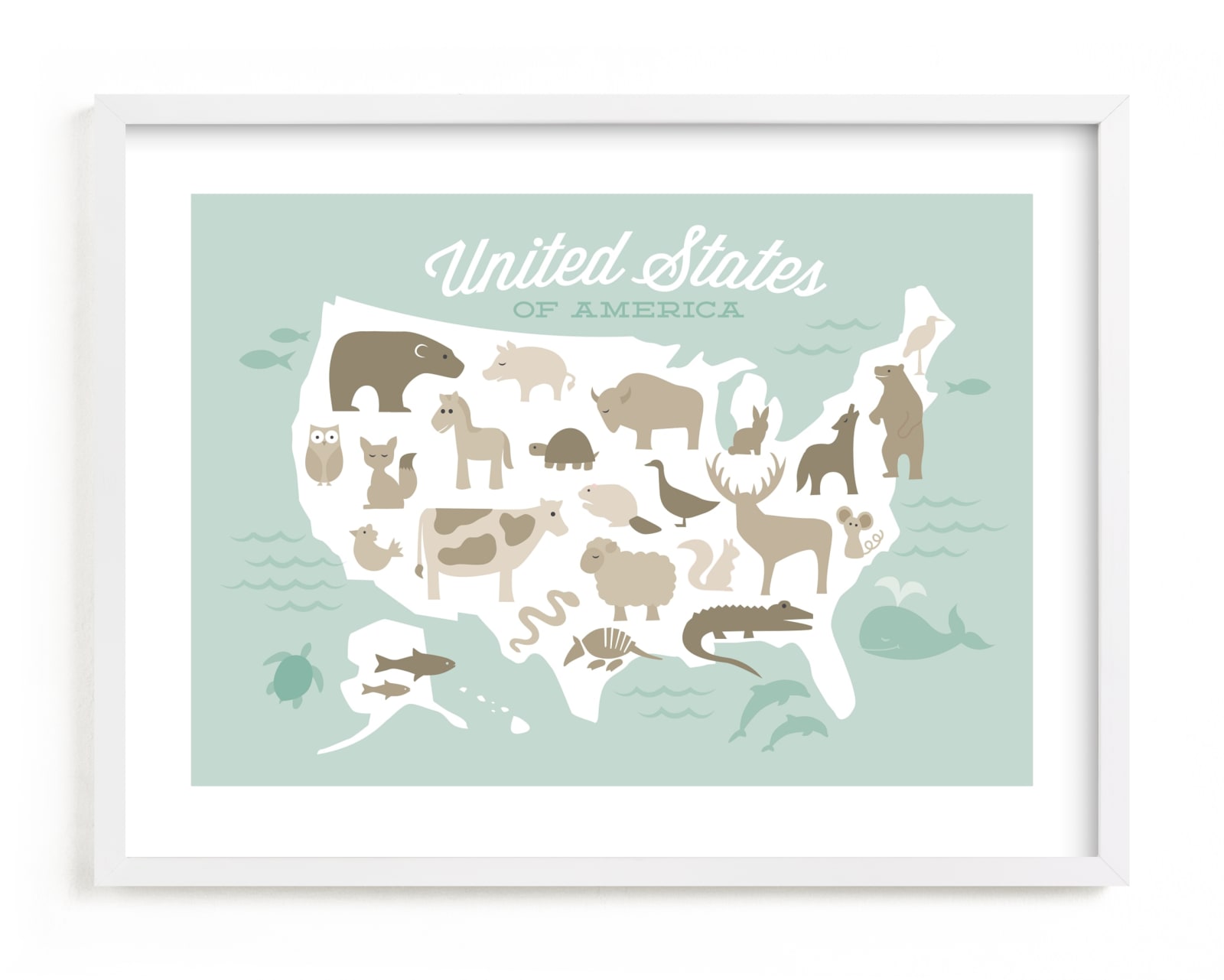 This is a brown kids wall art by Jessie Steury called Animal American Map.