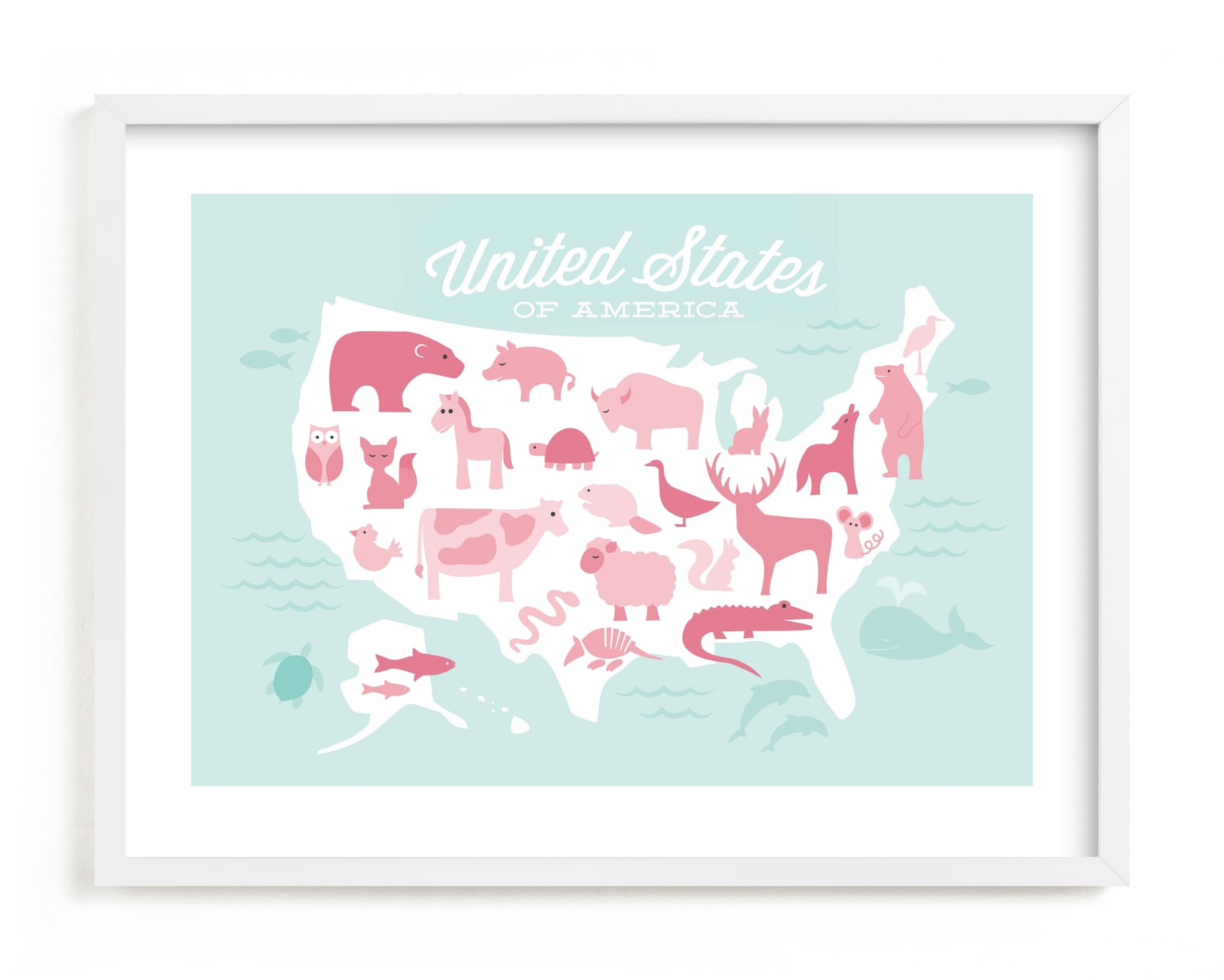 This is a colorful kids wall art by Jessie Steury called Animal American Map.