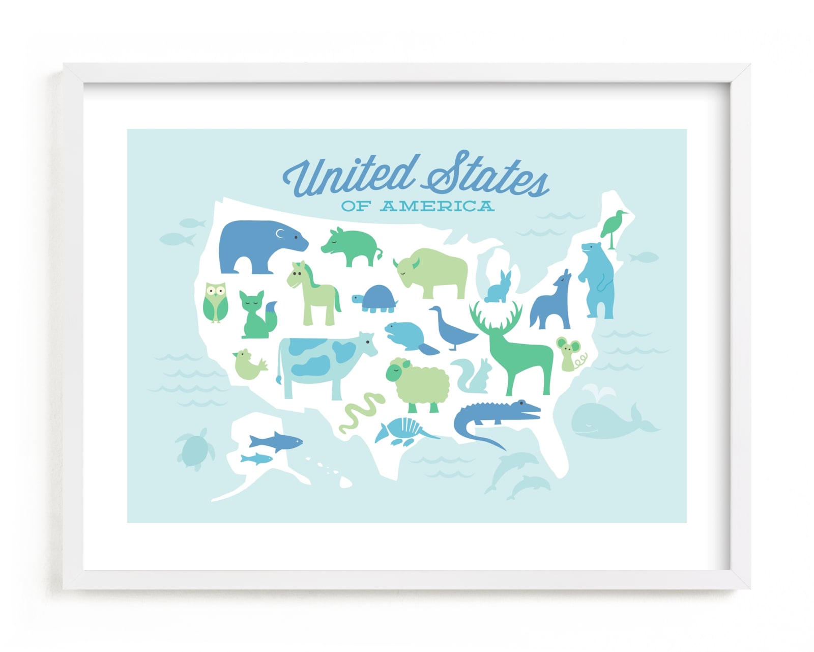 This is a blue kids wall art by Jessie Steury called Animal American Map.