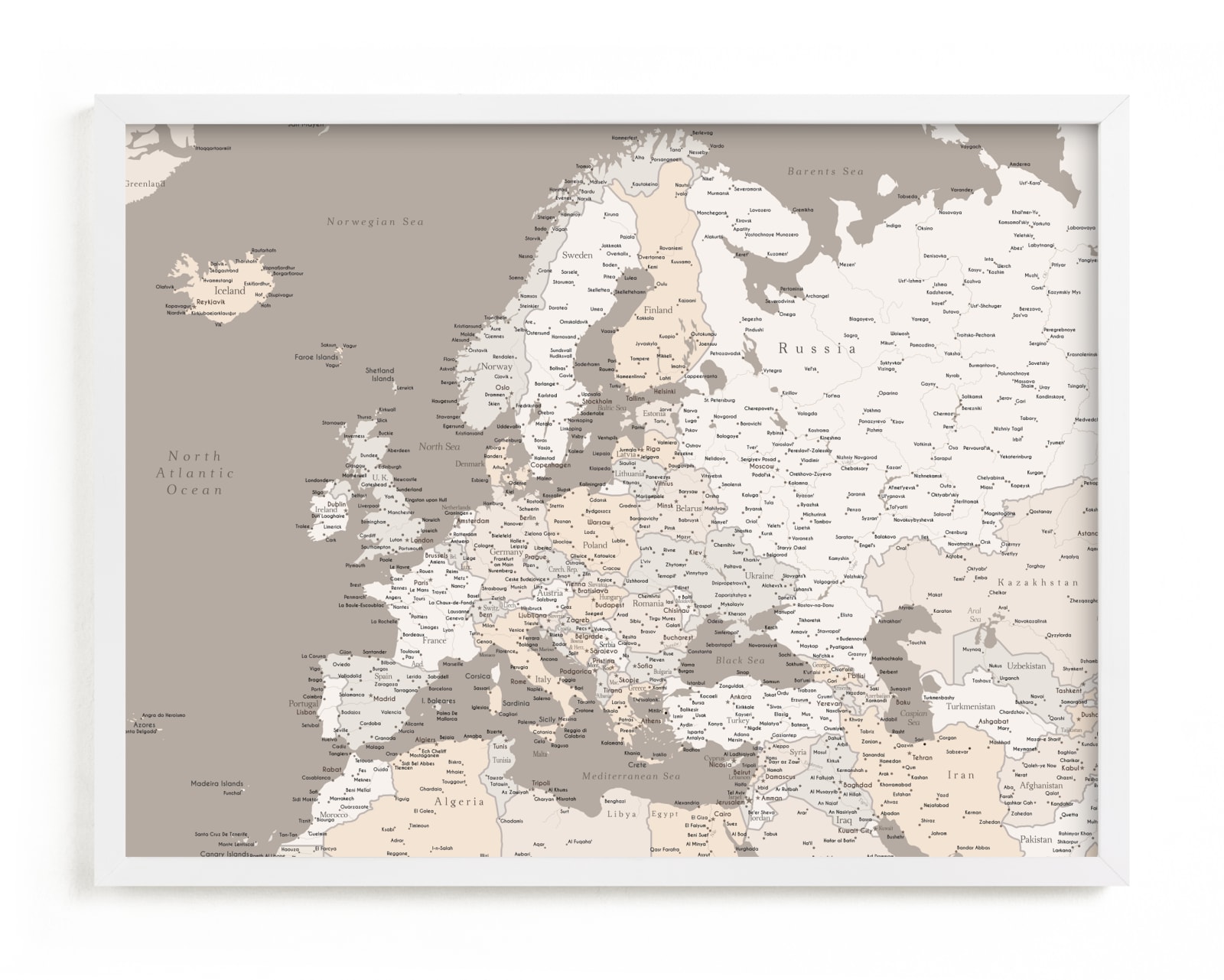 "Map of Europe with cities" by Rosana Laiz Blursbyai in beautiful frame options and a variety of sizes.