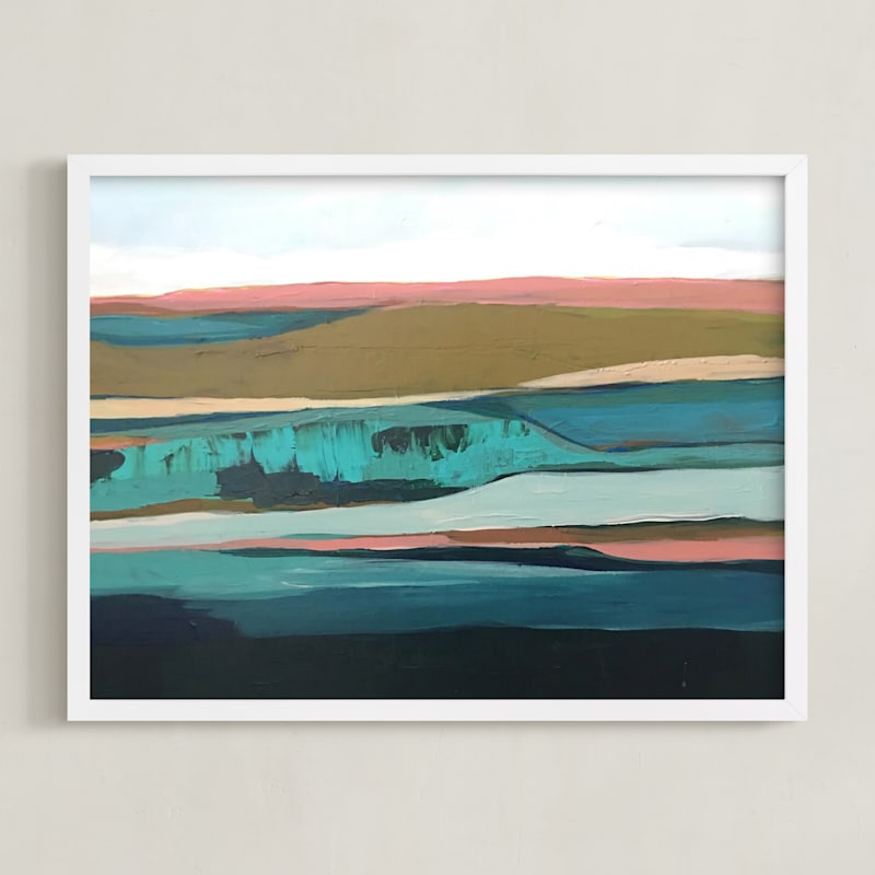 "Pink California Seascape" - Art Print in coral pink by Caryn Owen - Framed