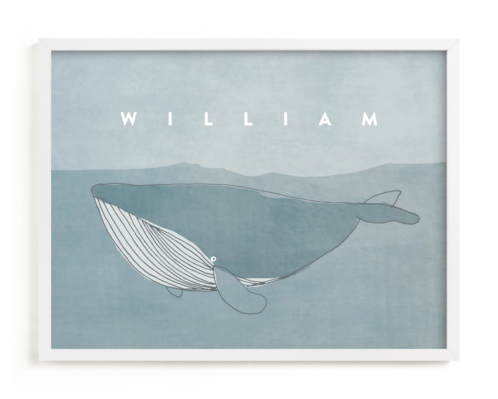 This is a blue nursery wall art by Lucrecia Caporale called Sweet Whale.