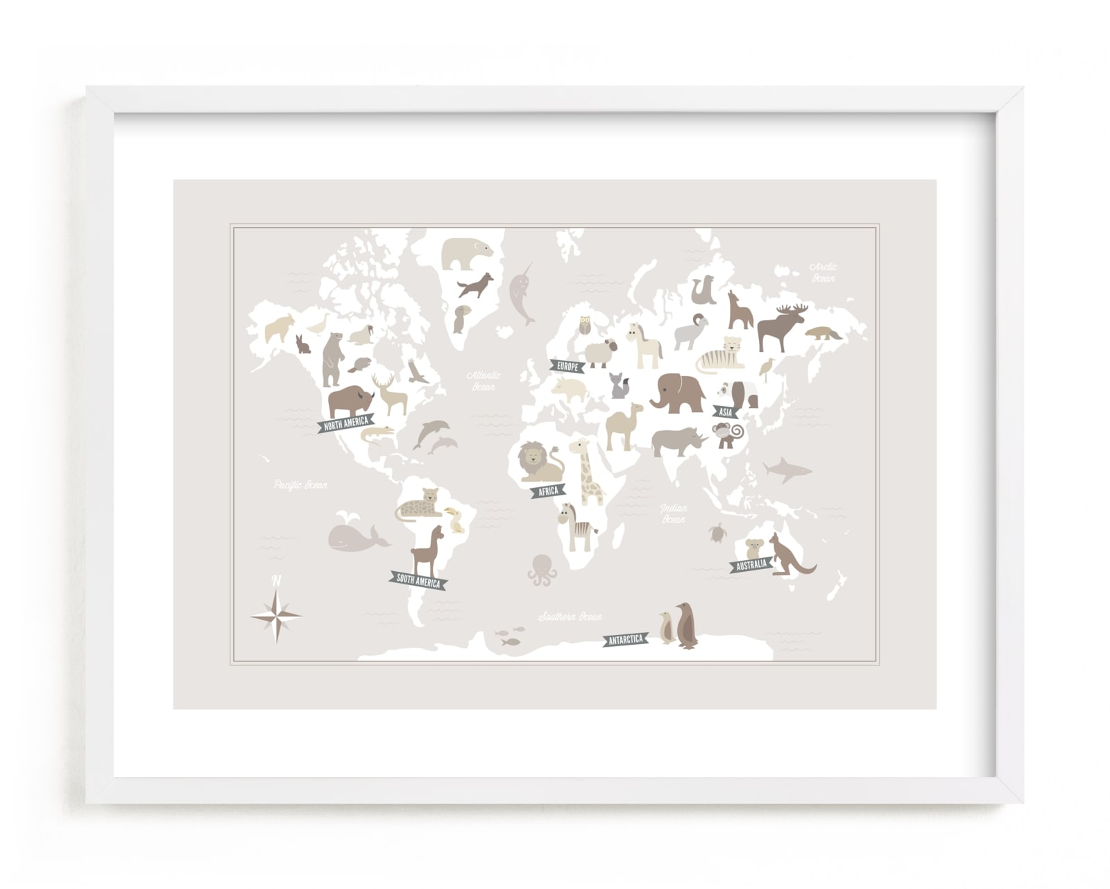 "Animal World Map" - Limited Edition Art Print by Jessie Steury in beautiful frame options and a variety of sizes.