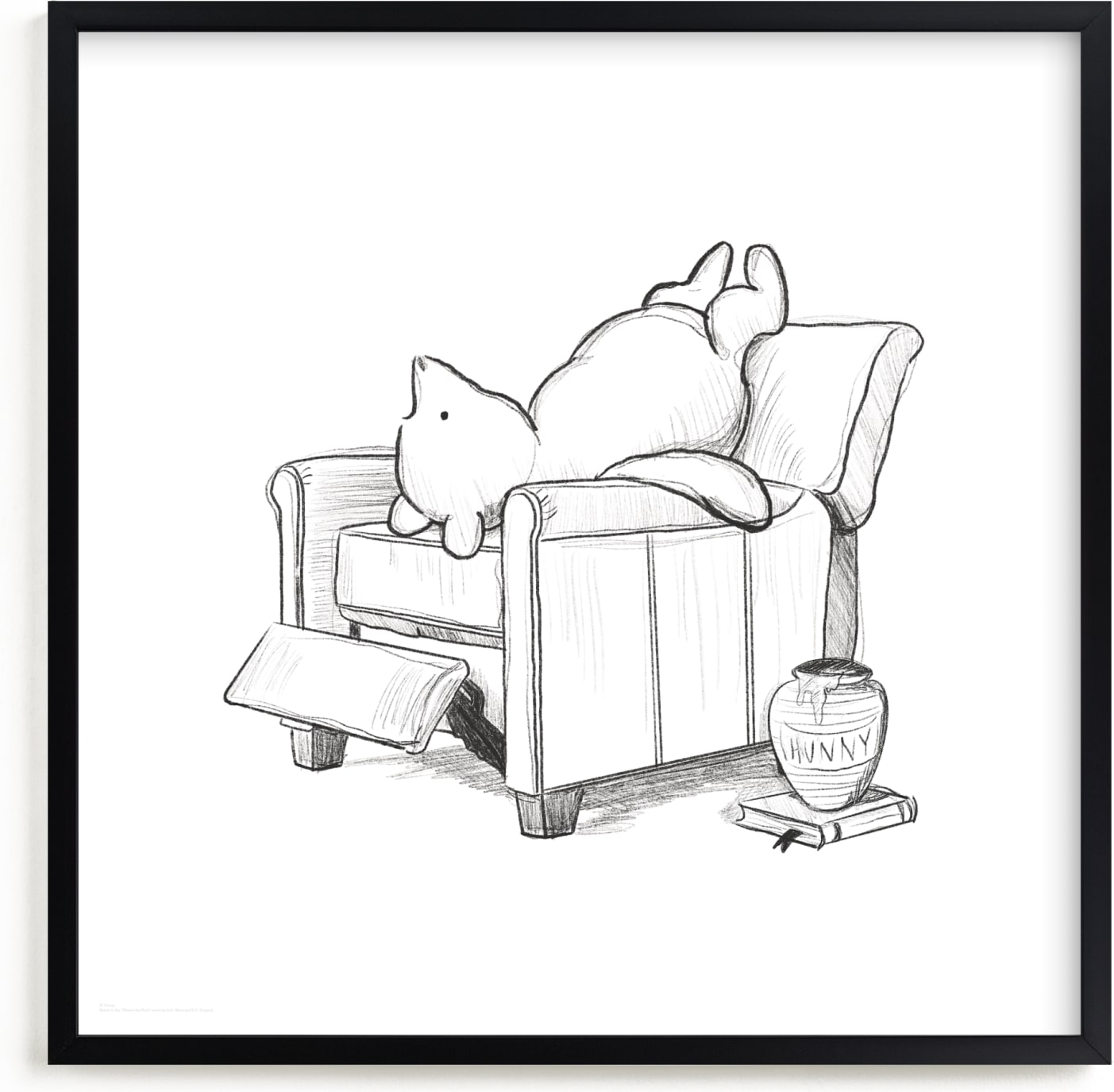 This is a black and white disney art by Stefanie Lane called Pooh Lounging | Winnie The Pooh.