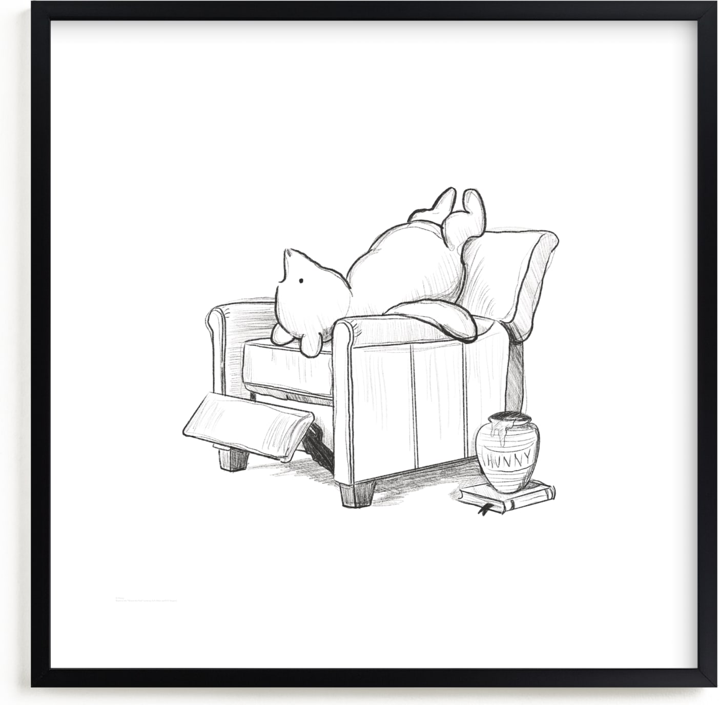 This is a black and white, white disney art by Stefanie Lane called Pooh Lounging from Disney's Winnie The Pooh.