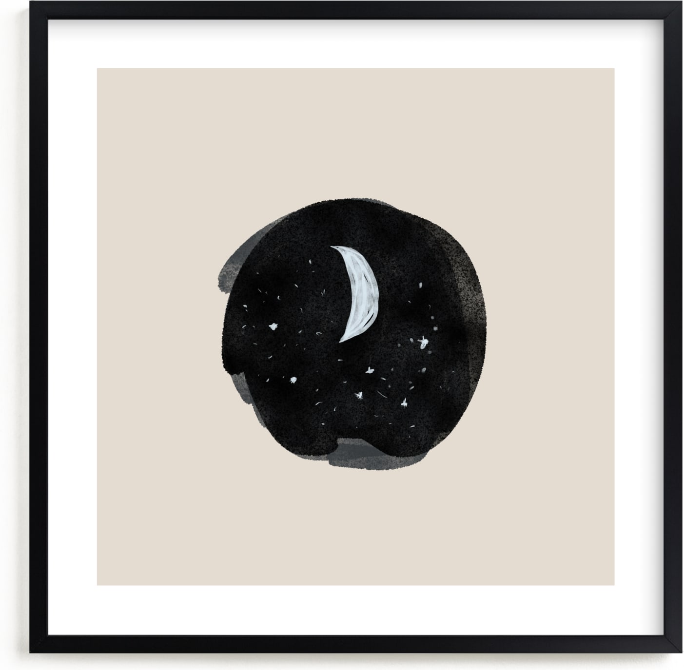 This is a white, black, beige nursery wall art by Nancy Noreth called Little Moon.
