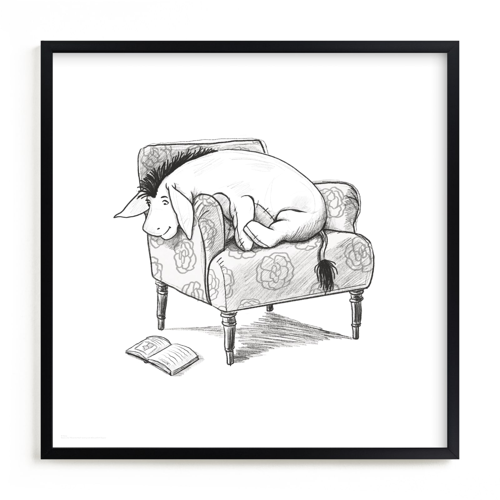 This is a black and white disney art by Stefanie Lane called Eeyore Lounging | Winnie The Pooh.