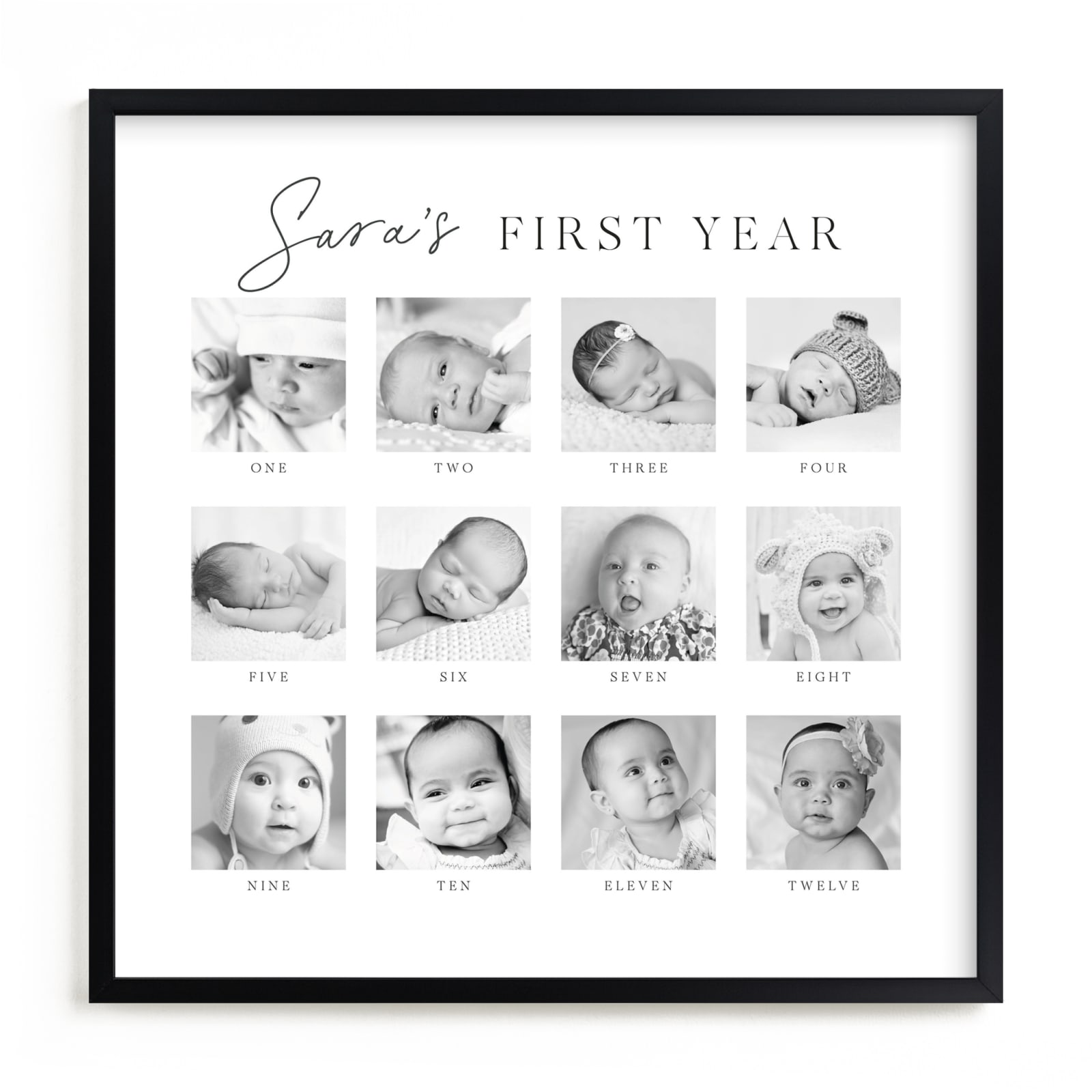 This is a black and white, white photo art by Erin Deegan called Baby's First Year.