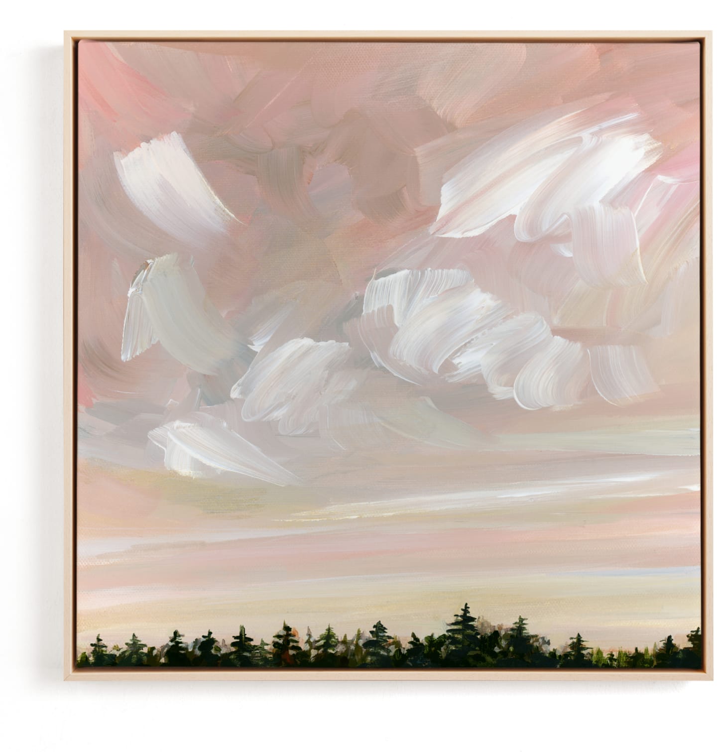 This is a white, pink, gold art by Nicole Walsh called Above the Trees.