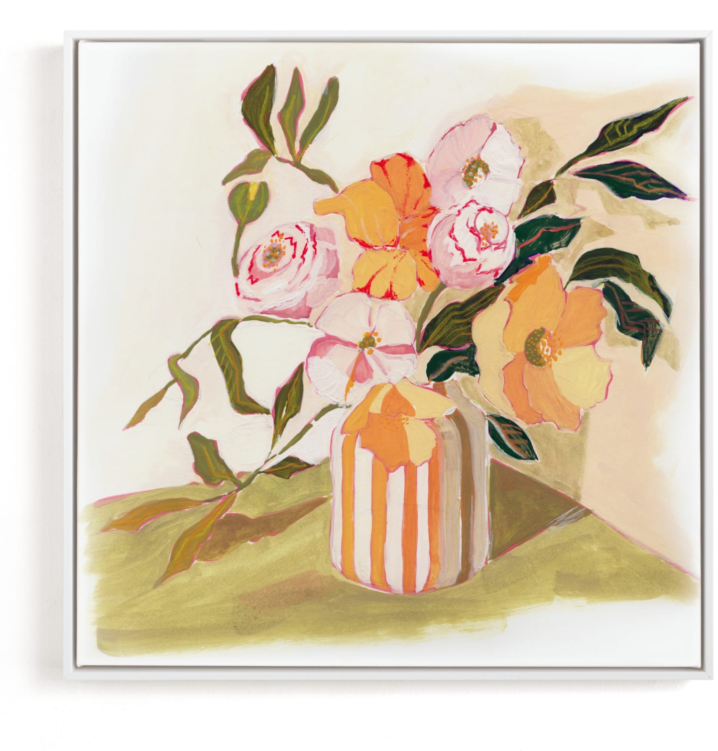 This is a pink, orange, green art by Lucrecia Caporale called Garden Flowers.