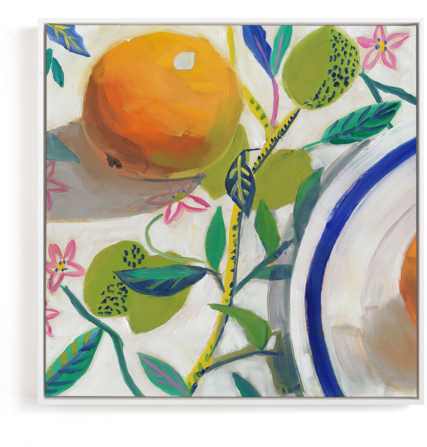 This is a blue, colorful, orange art by Jenny Westenhofer called Garden Party II.