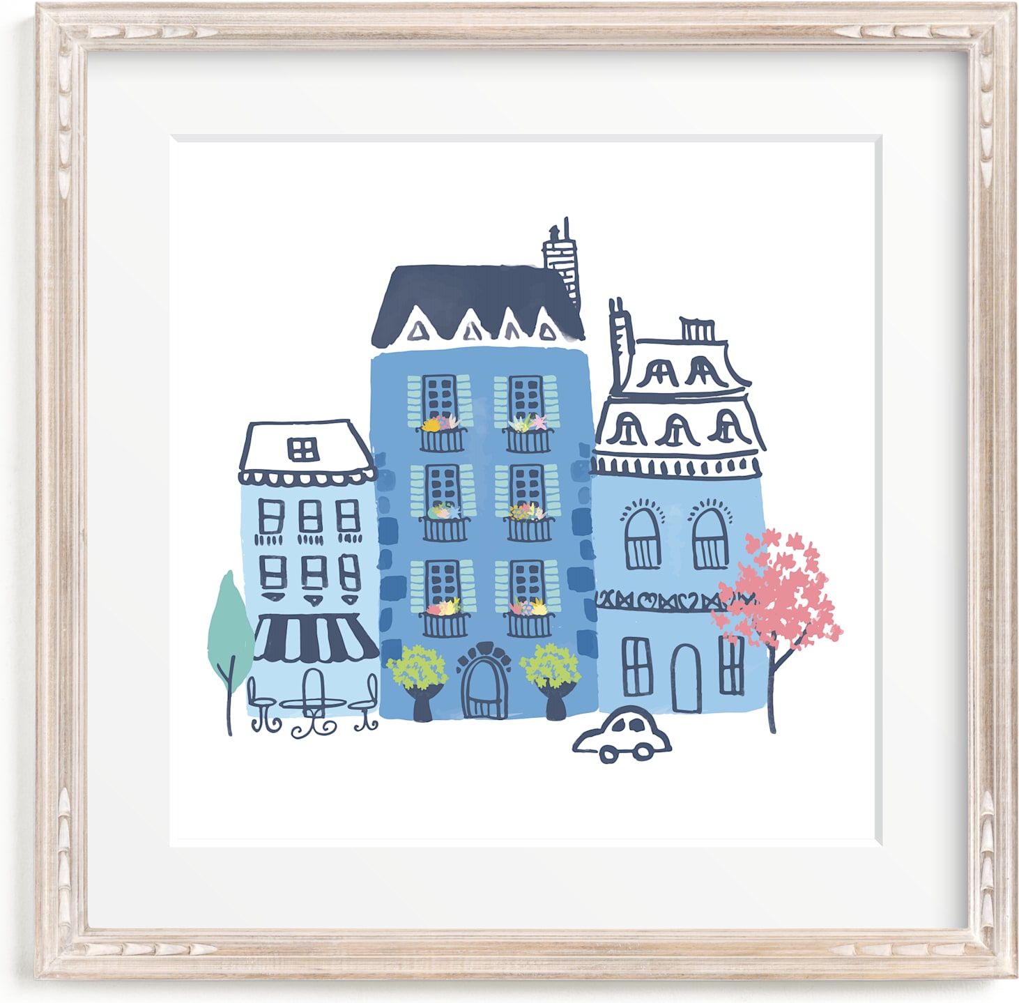 This is a blue kids wall art by Ali Macdonald called Paris, J'adore.