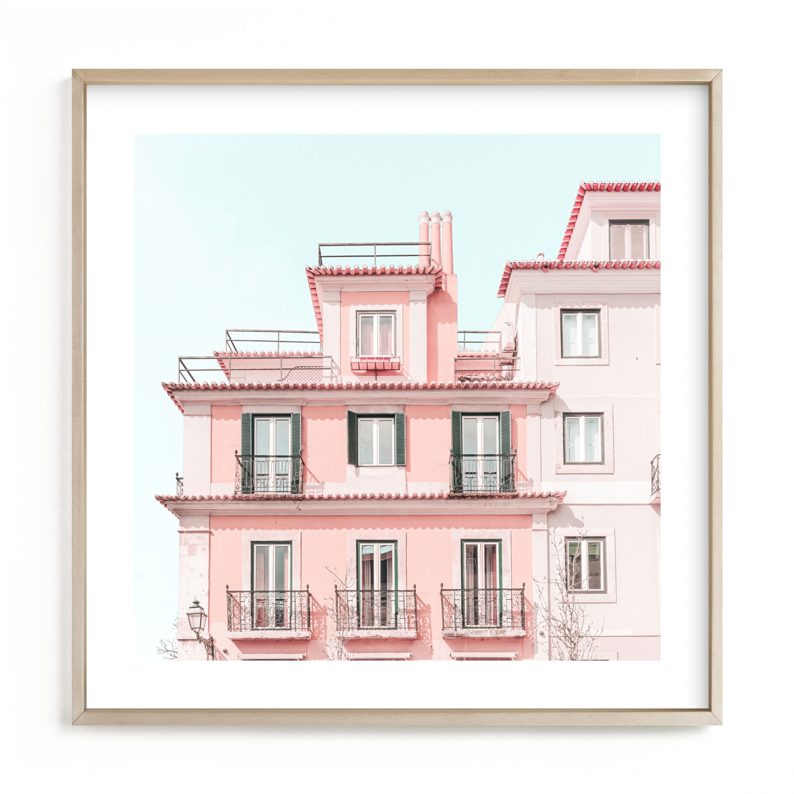 "Pastel Pink House" by Heather Loriece in beautiful frame options and a variety of sizes.