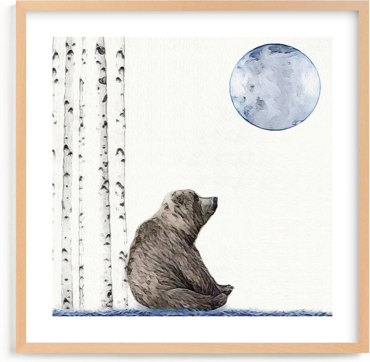 This is a blue, brown, white kids wall art by Maja Cunningham called Once upon a blue moon.