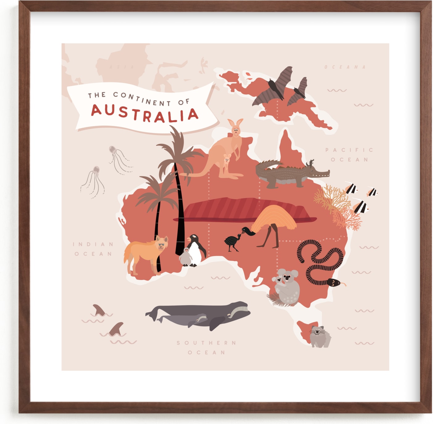 This is a white kids wall art by Kamala Nahas called Animals of Australia.