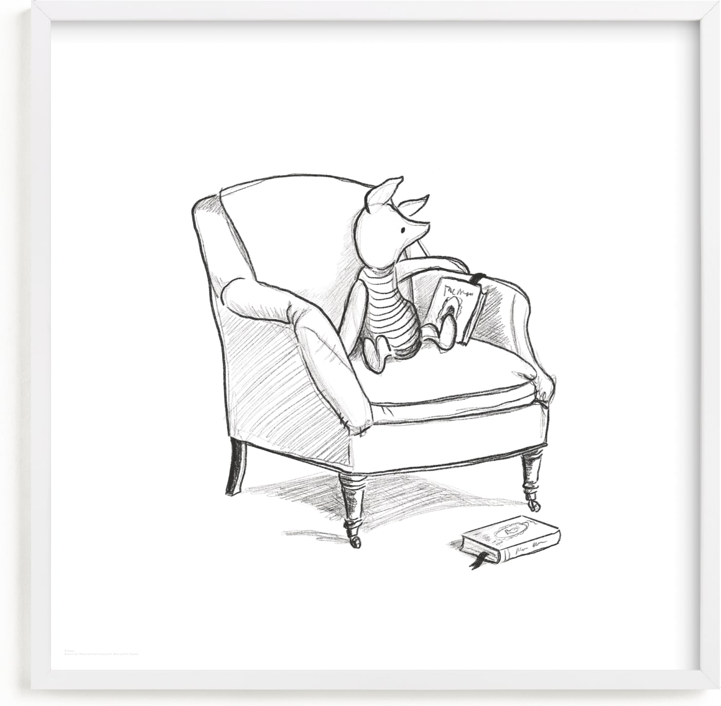 This is a black and white disney art by Stefanie Lane called Piglet Lounging.