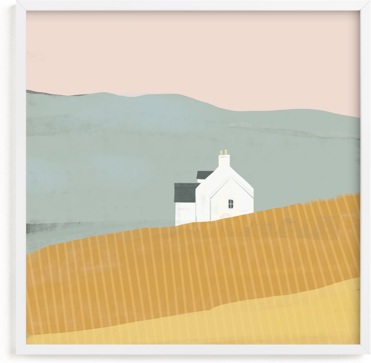 This is a yellow art by Laura Mitchell called Little White House on Prairie.