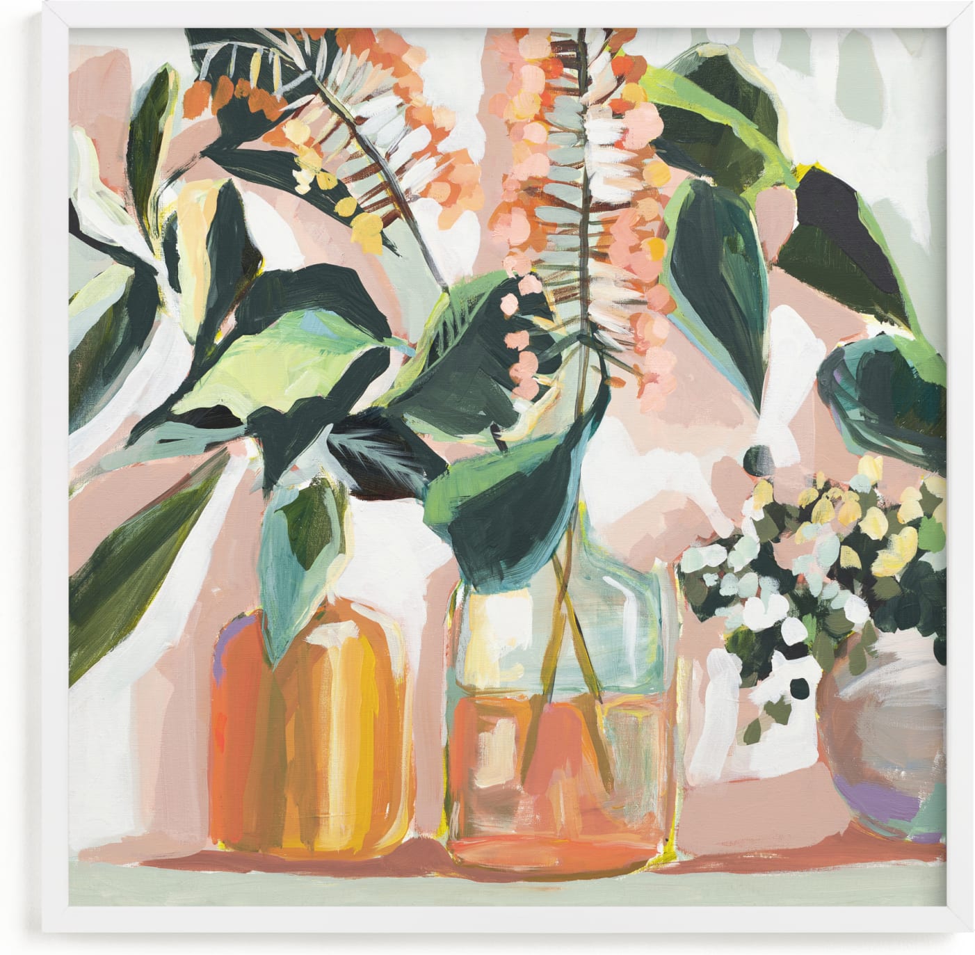 This is a pink, orange, green art by Jenny Westenhofer called Green Thumb.