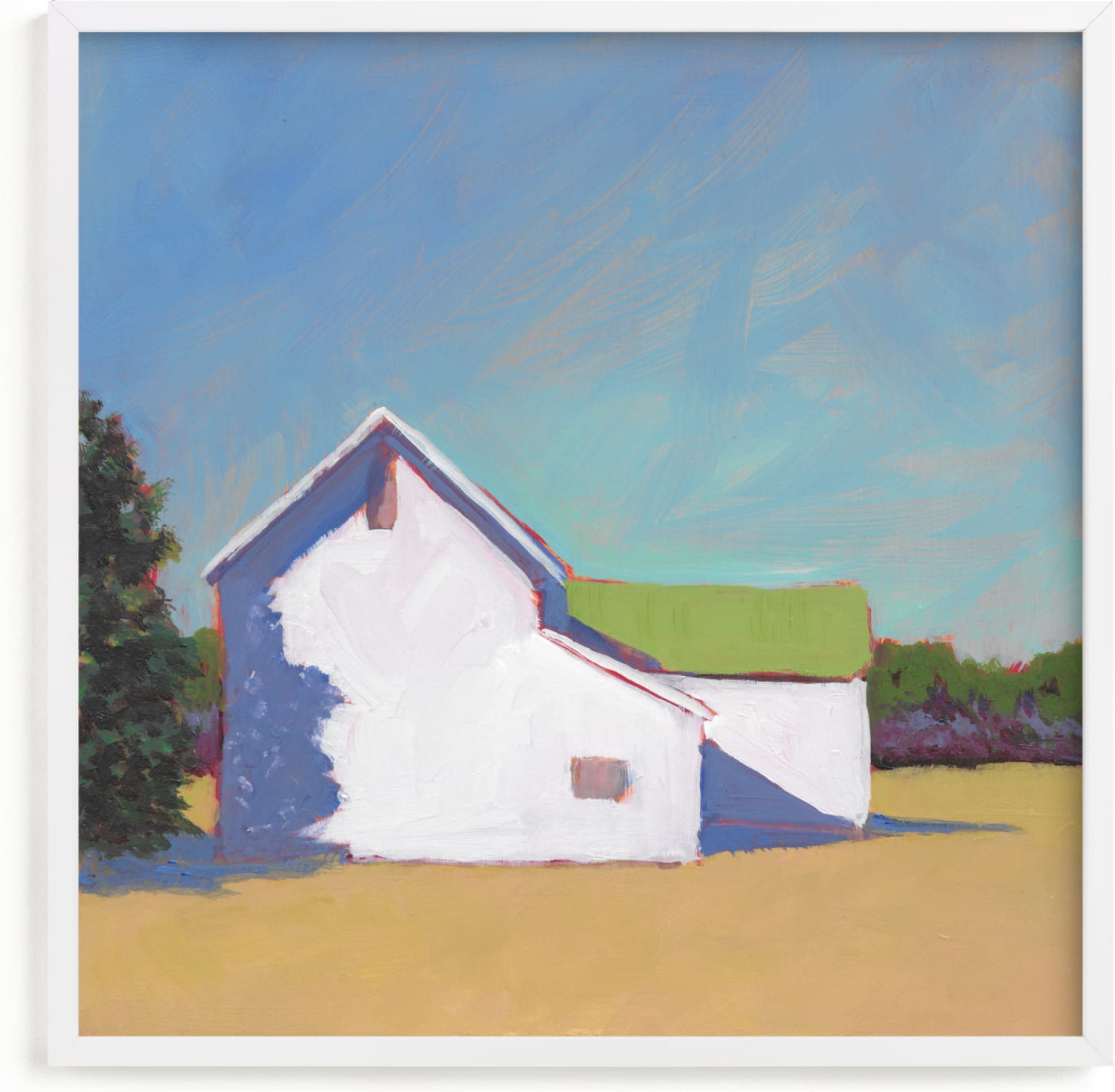 This is a blue art by Carol C. Young called Main Road Barn.