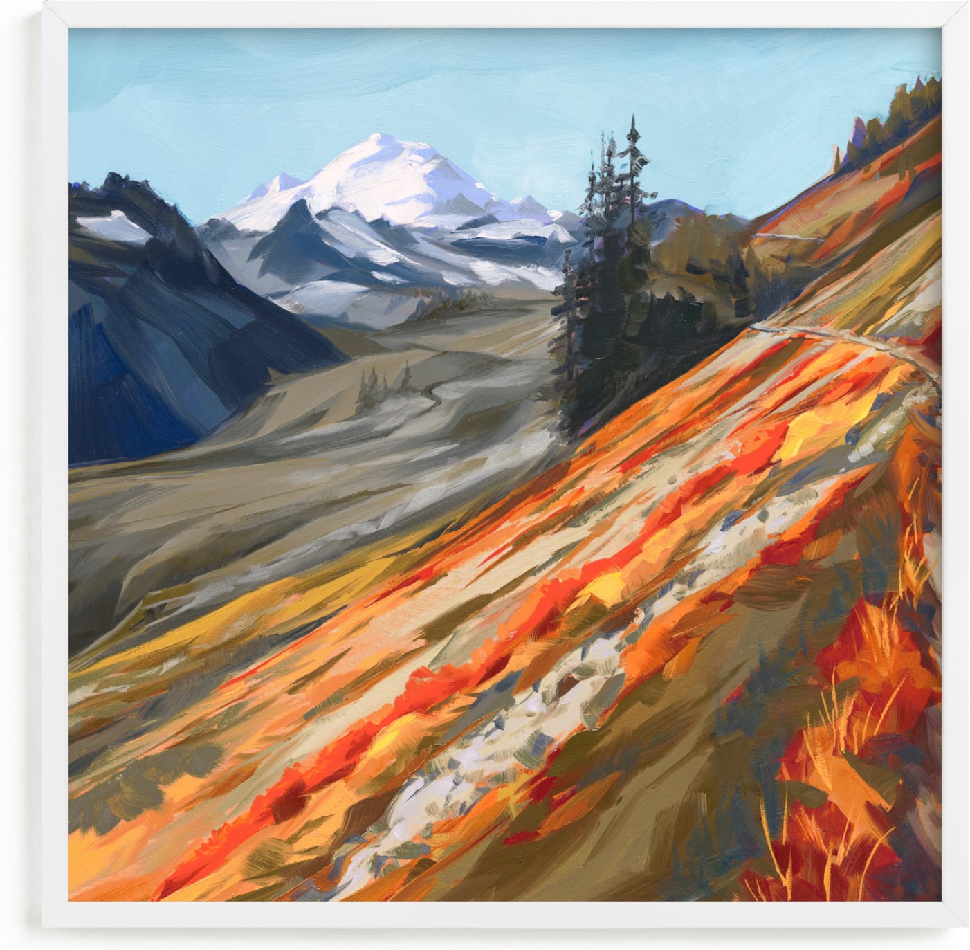 This is a colorful art by Khara Ledonne called Mount Baker in Autumn.