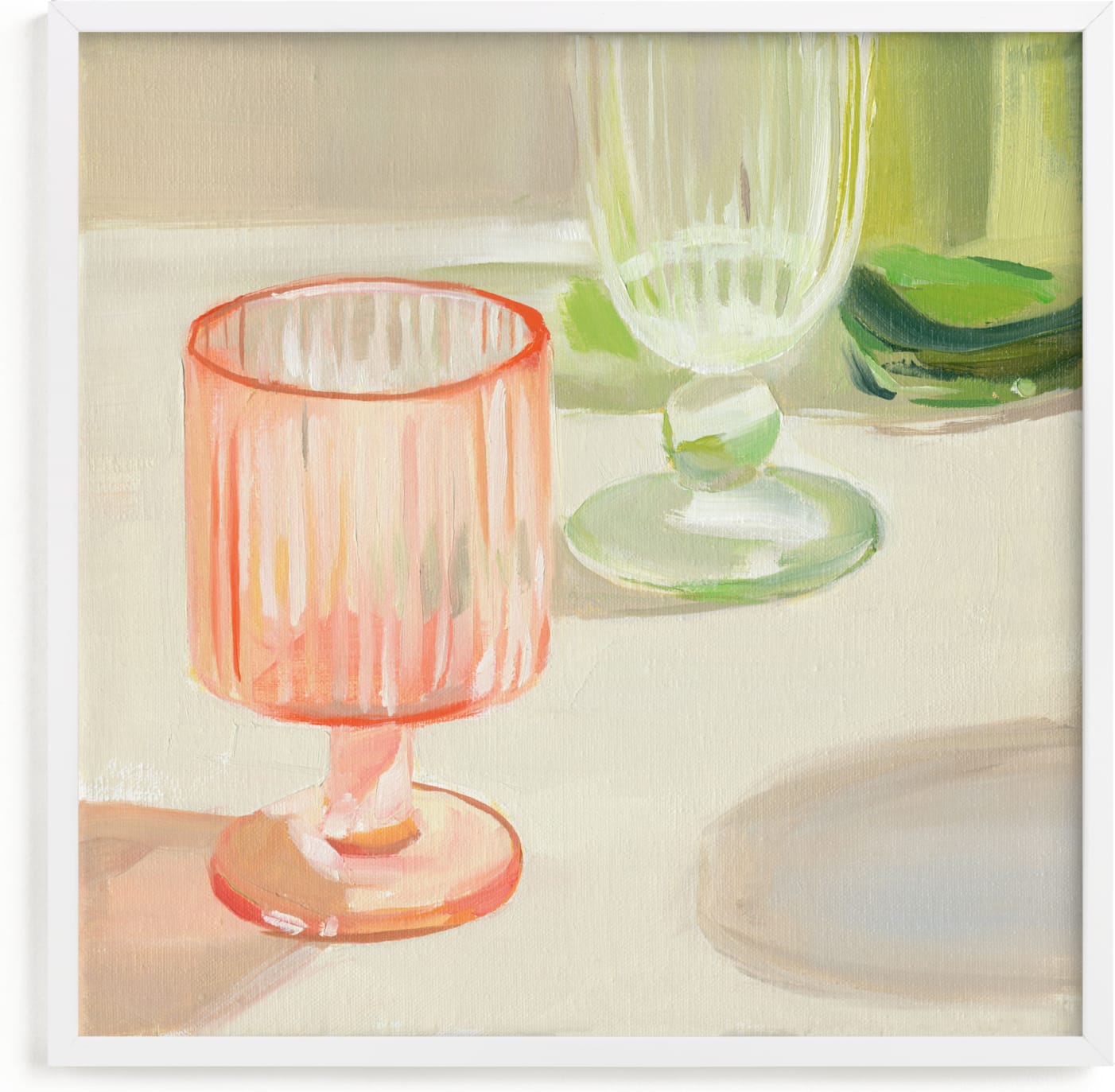 This is a beige art by Jenny Westenhofer called Rainbow Glassware I.