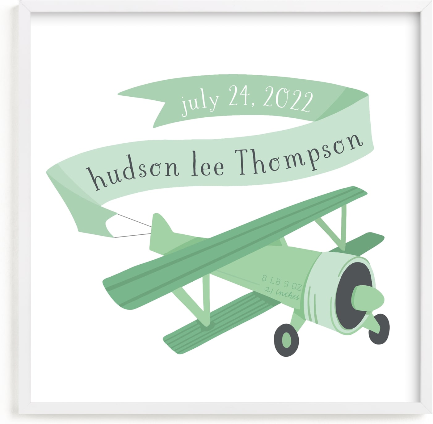 This is a green personalized art for kid by Jessie Steury called Vintage Airplane.