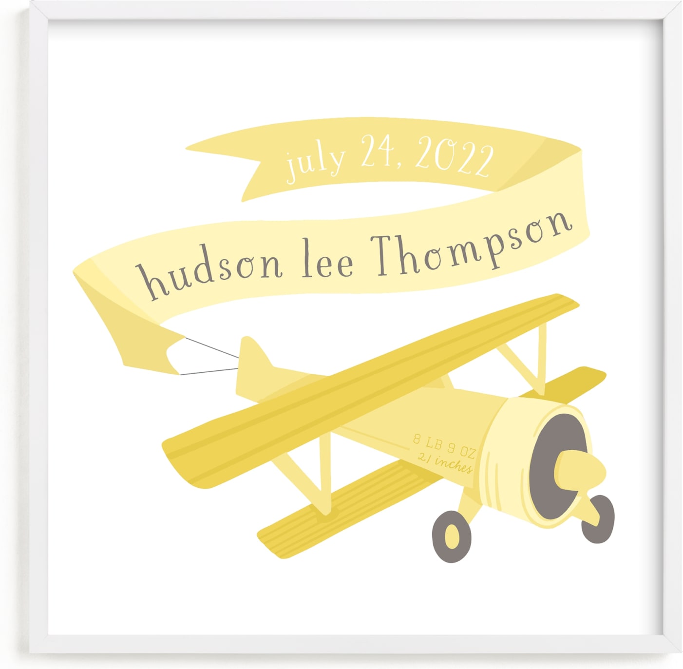 This is a yellow personalized art for kid by Jessie Steury called Vintage Airplane.