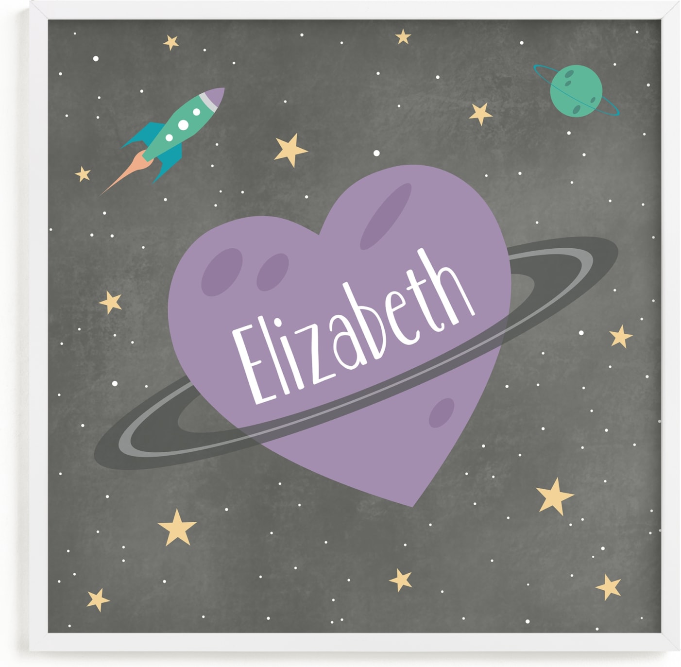 This is a purple personalized art for kid by Heather Schertzer called Planet Heart.