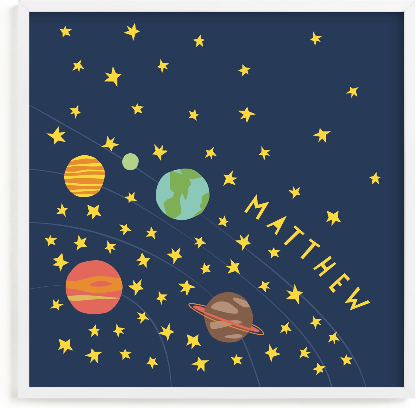 This is a blue, colorful personalized art for kid by Betsy Siber called space case.