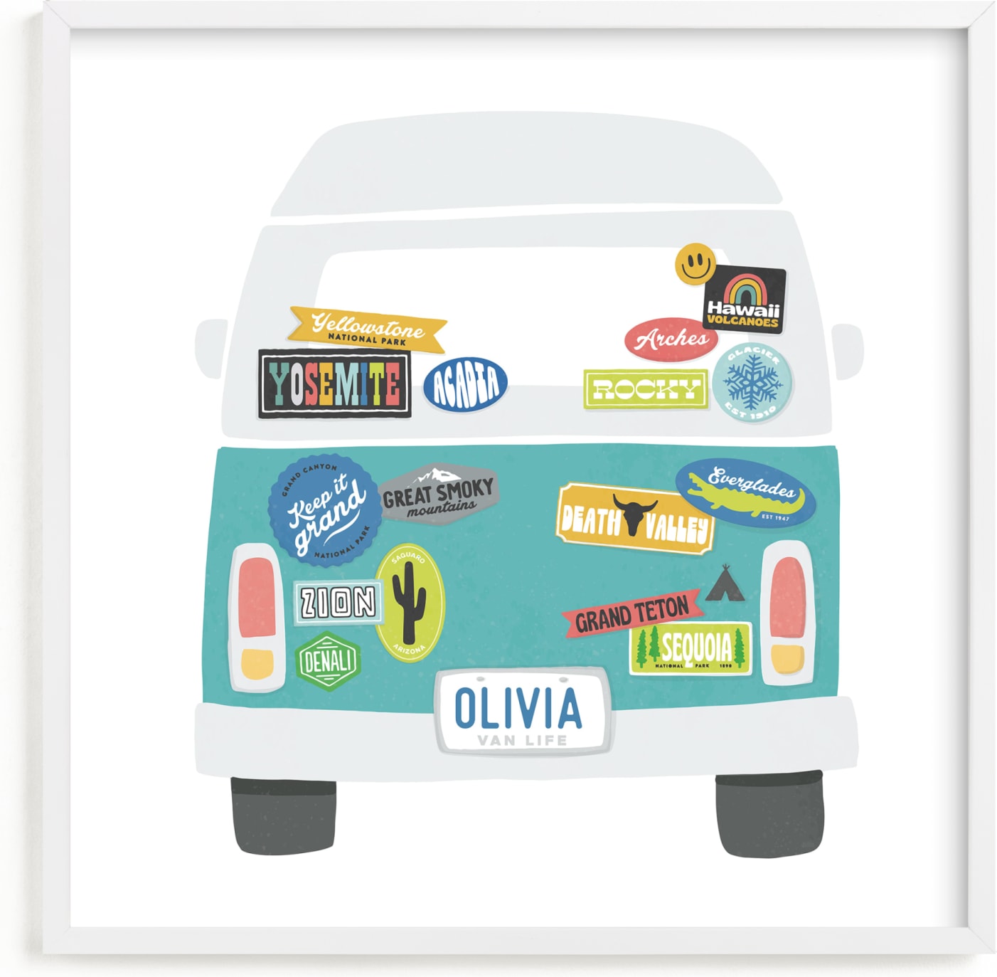 This is a blue personalized art for kid by Jessie Steury called Van Life.