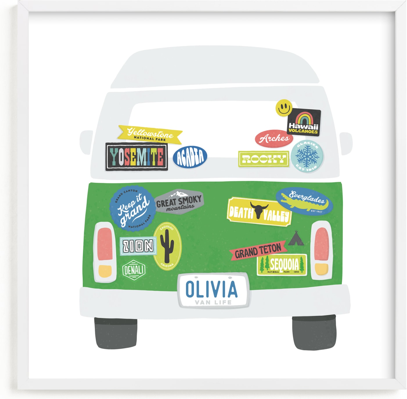 This is a green personalized art for kid by Jessie Steury called Van Life.