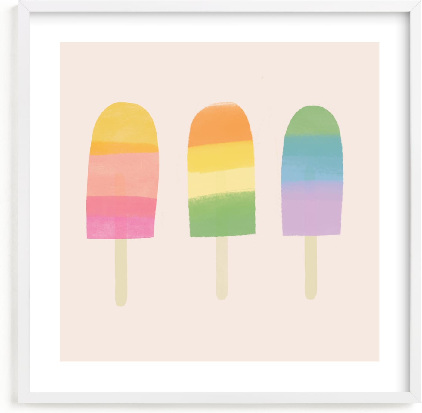 This is a colorful kids wall art by Lauren Semmer called Rainbow Popsicles.