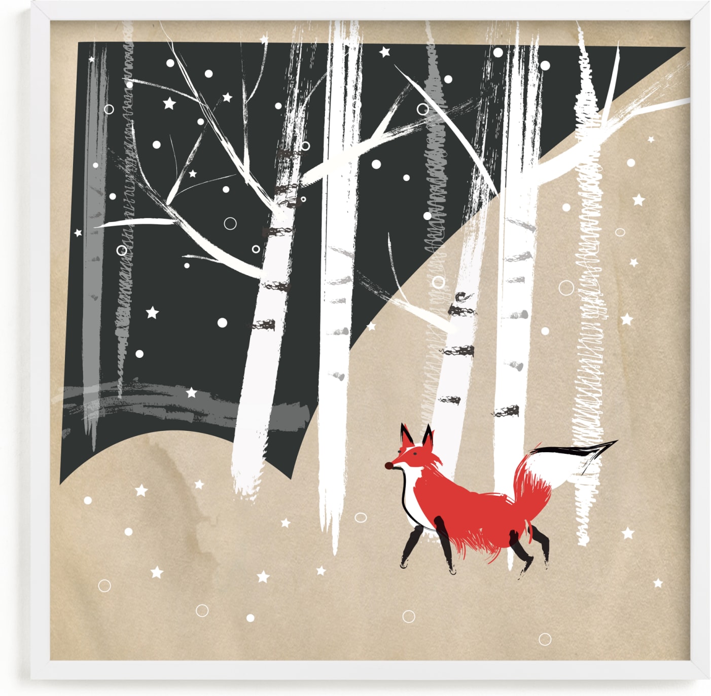 This is a black and white kids wall art by Annie Bakst called Foxy Woods.