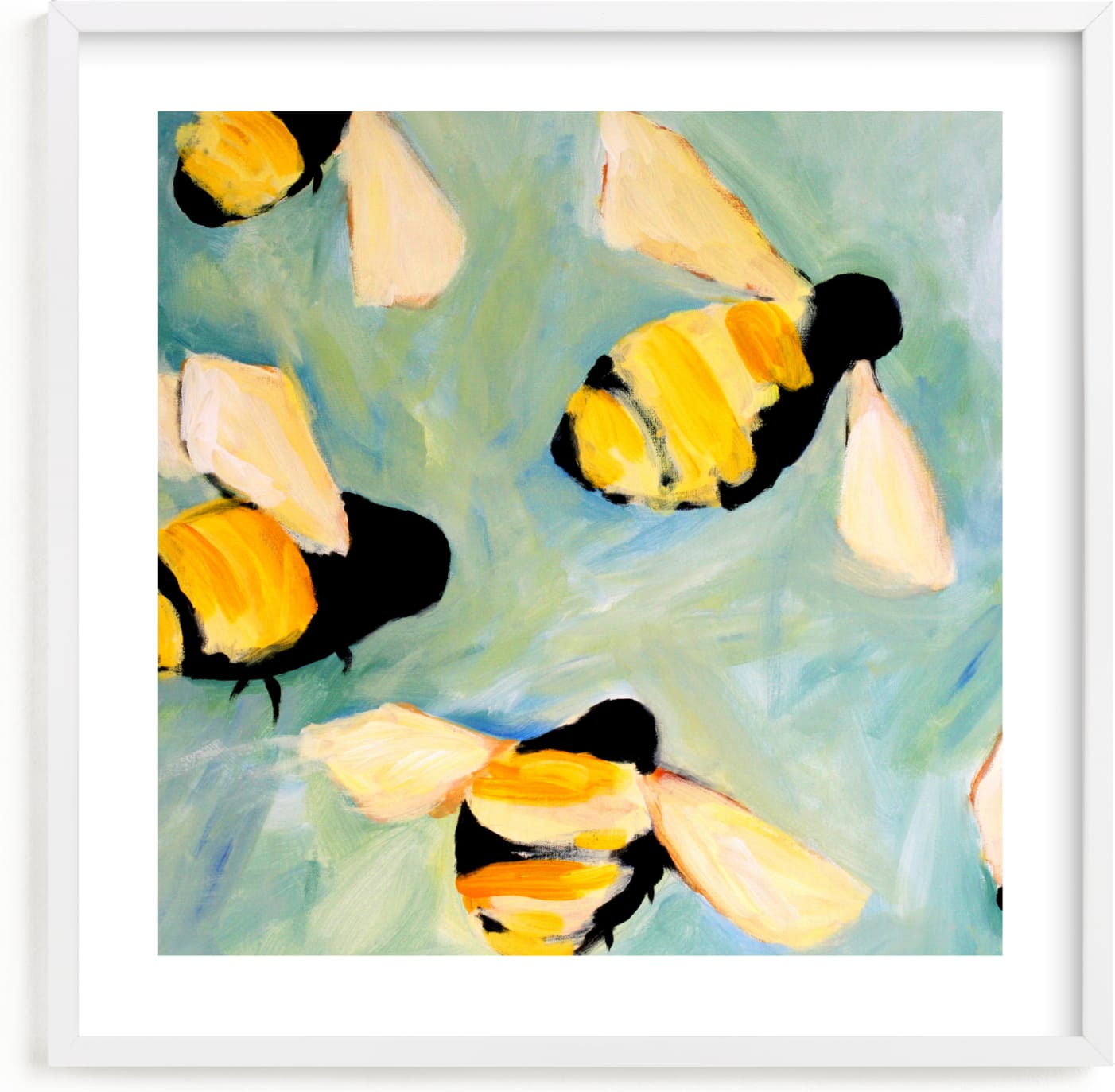This is a blue kids wall art by claire whitehead called Happy Bees.