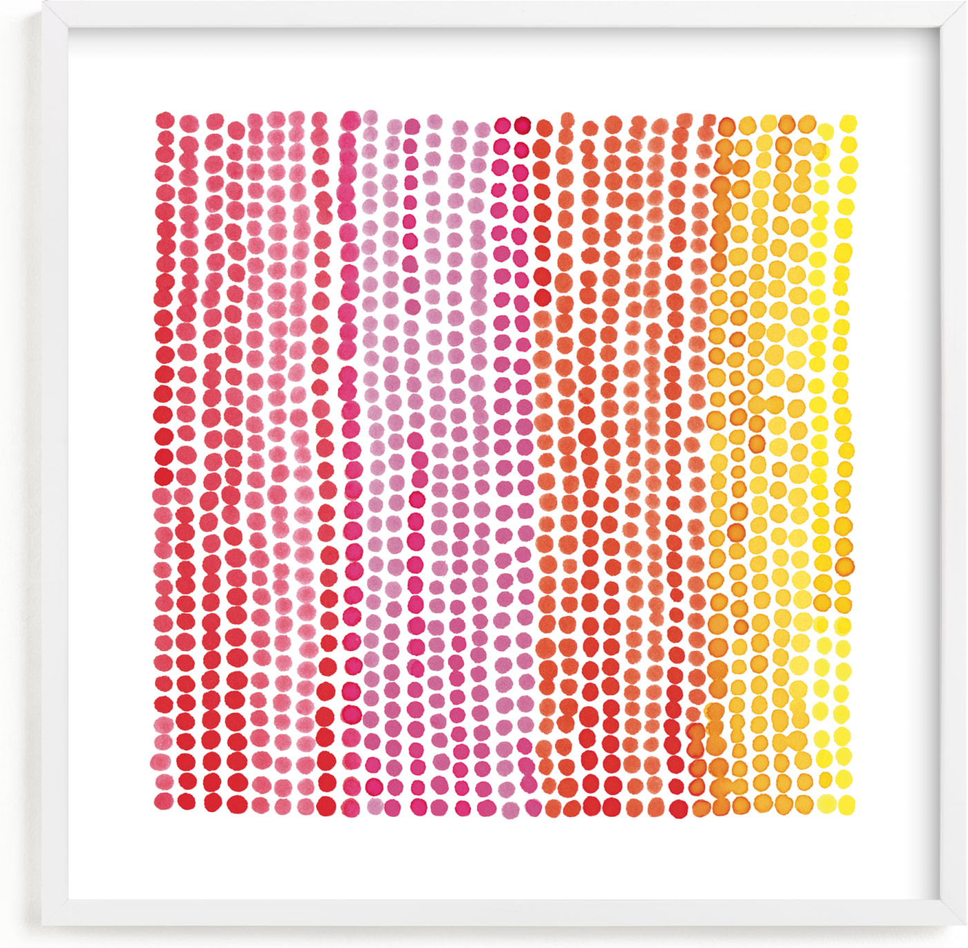 This is a yellow, orange, red kids wall art by Kerry Doyle called Rainbow Dots 1.