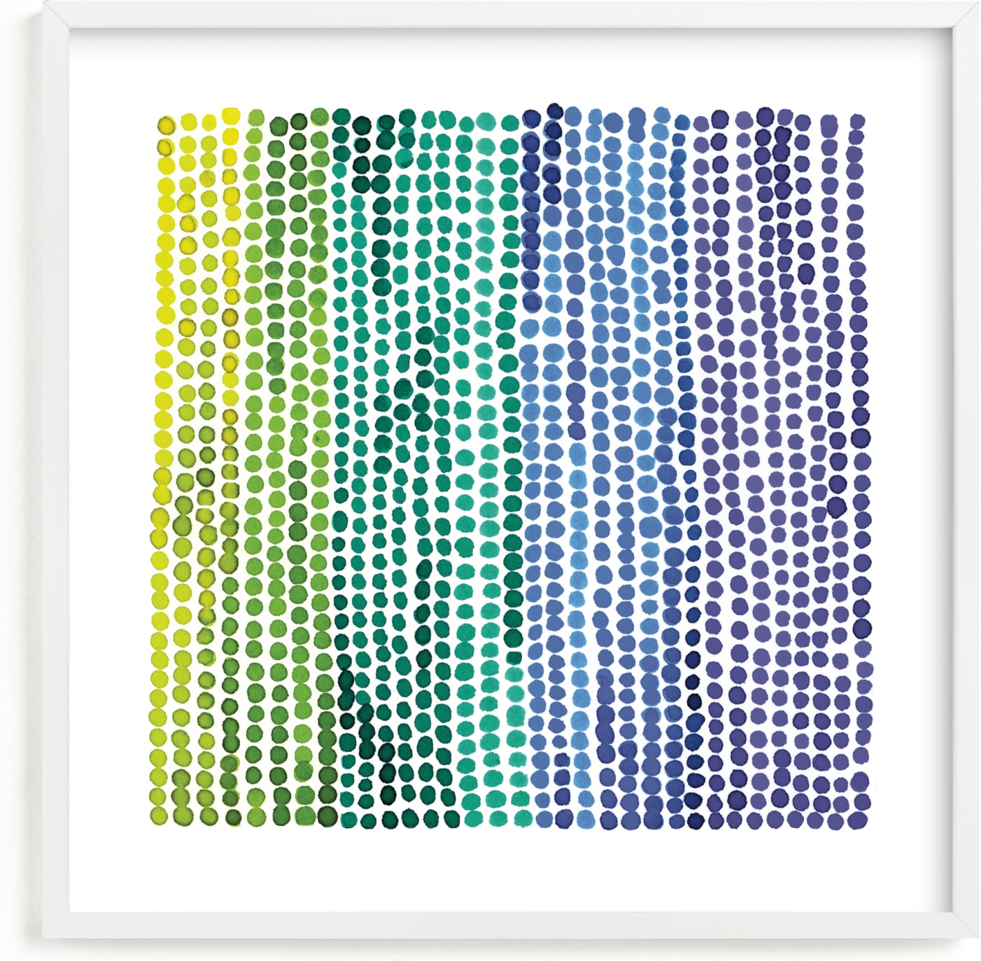 This is a blue, purple, green kids wall art by Kerry Doyle called Rainbow Dots 2.