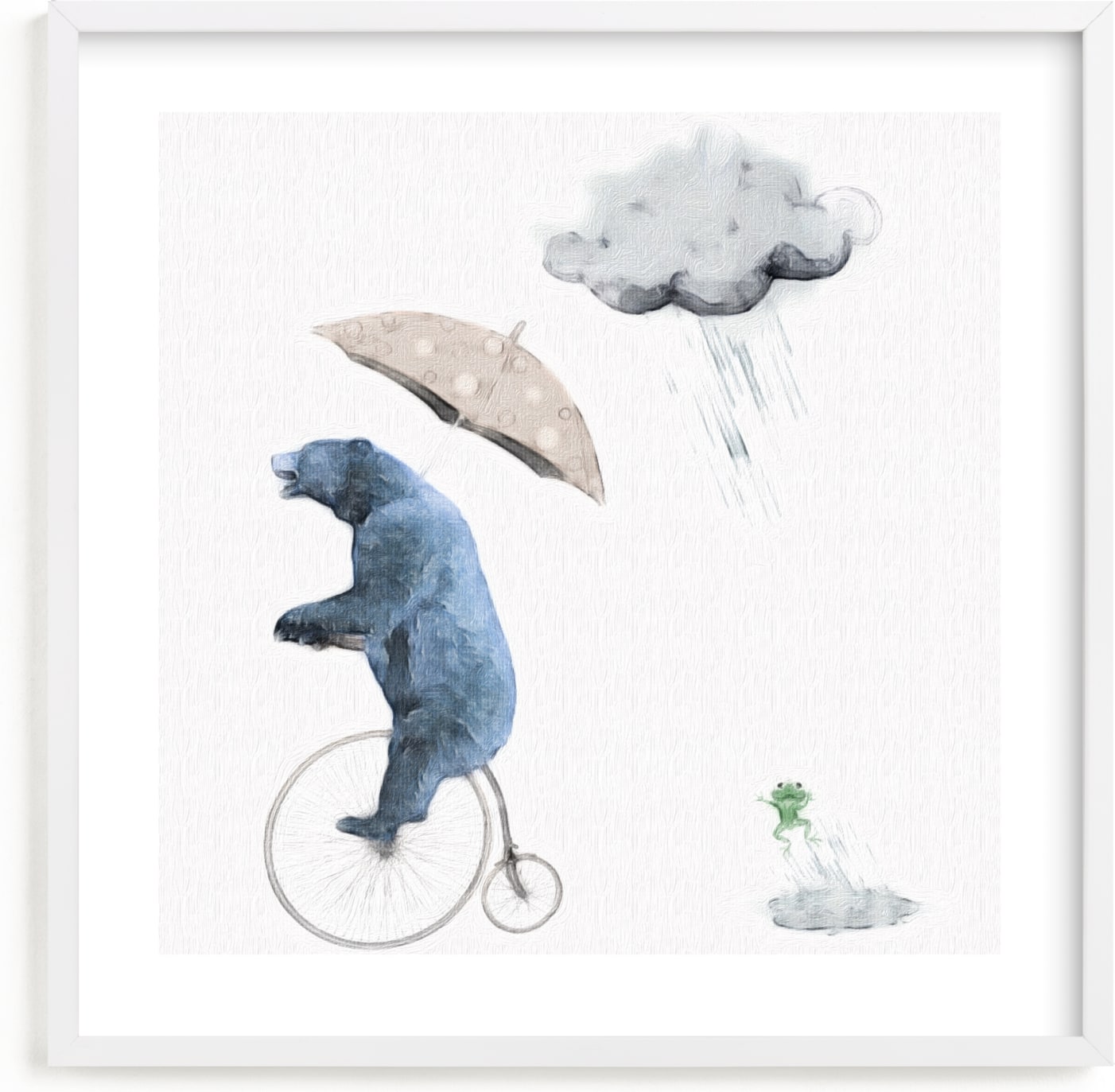 This is a blue kids wall art by Maja Cunningham called That's one fast bike, said the Cloud.
