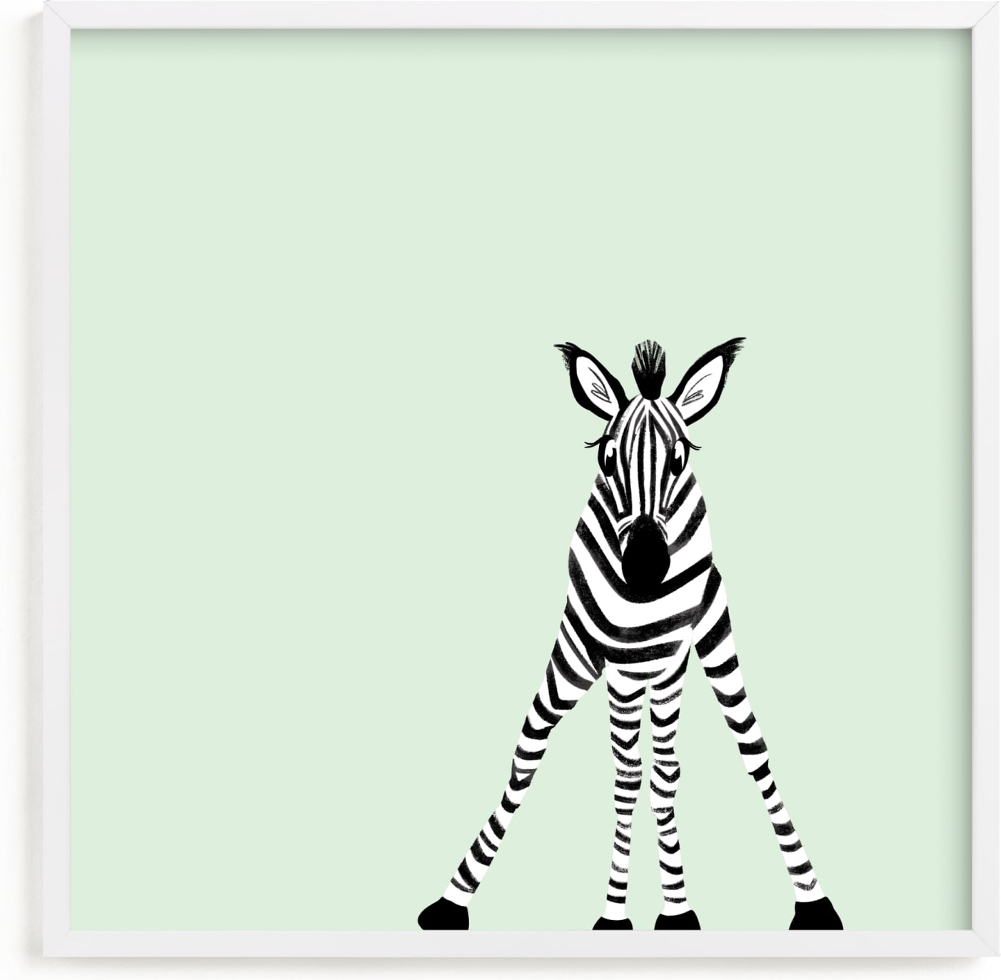 This is a green kids wall art by Laura Mitchell called Little Baby Zebra.