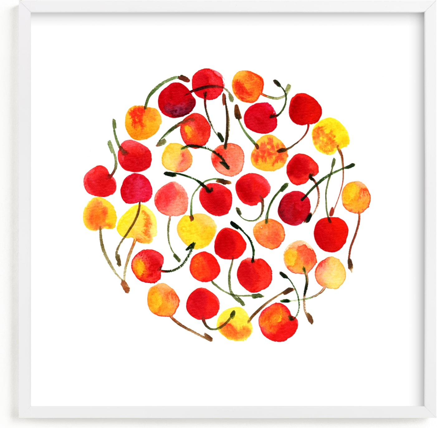 This is a colorful kids wall art by Alexandra Dzh called whimsical watercolor cherries.