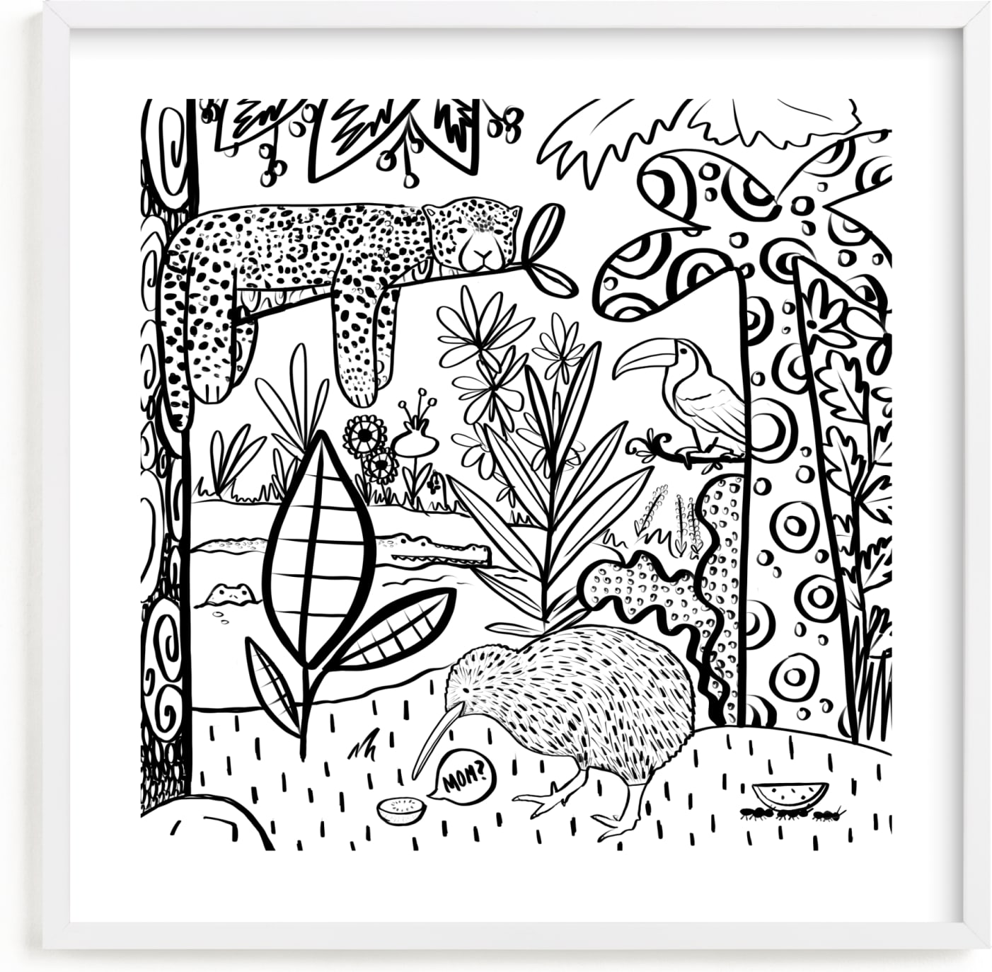 This is a black and white kids wall art by Megan Zang called Classic Kiwi.