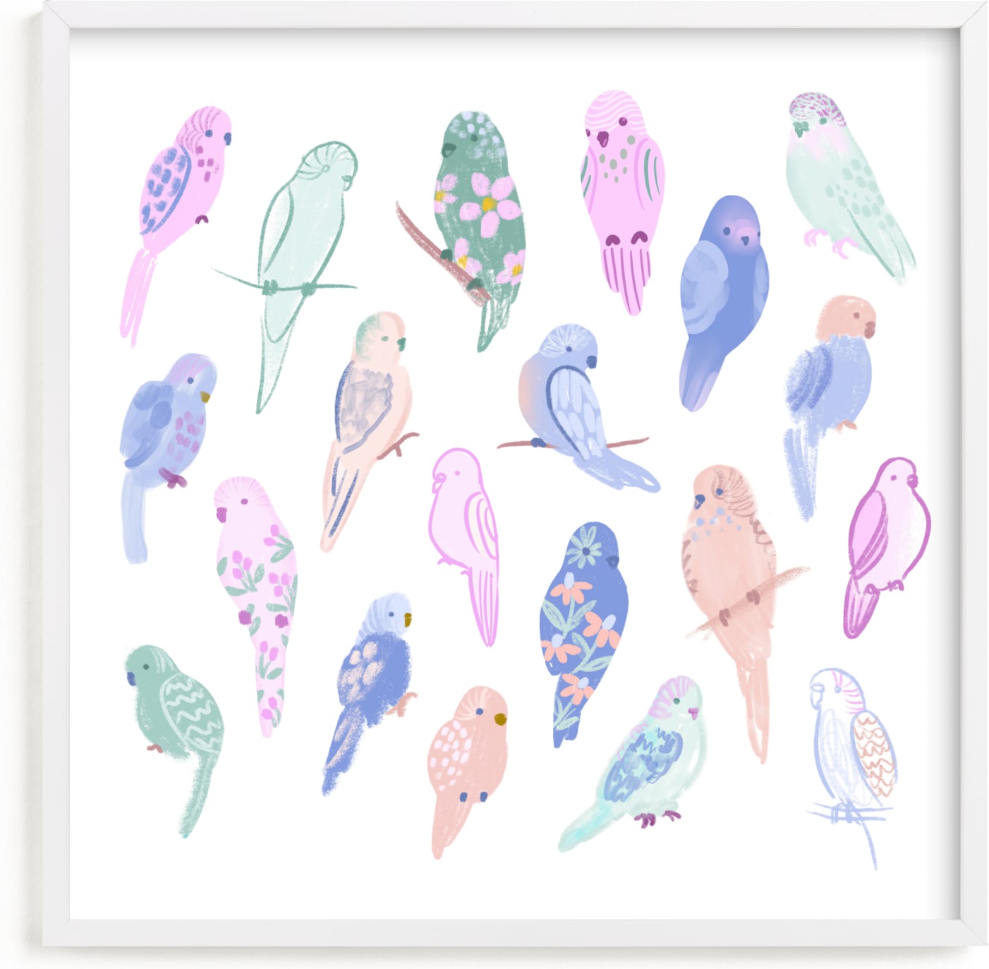 This is a colorful kids wall art by Tishya Oedit called Budgie Flock.