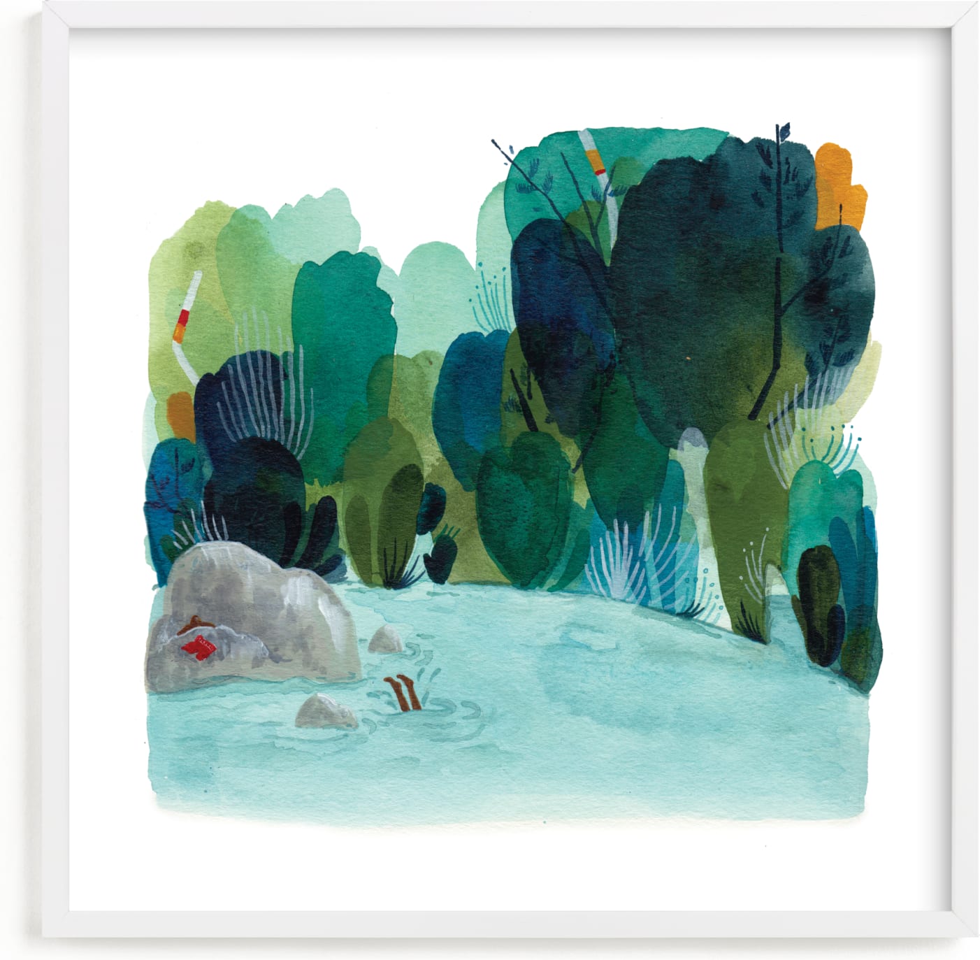 This is a blue kids wall art by Kayla King called The Swimming Hole.