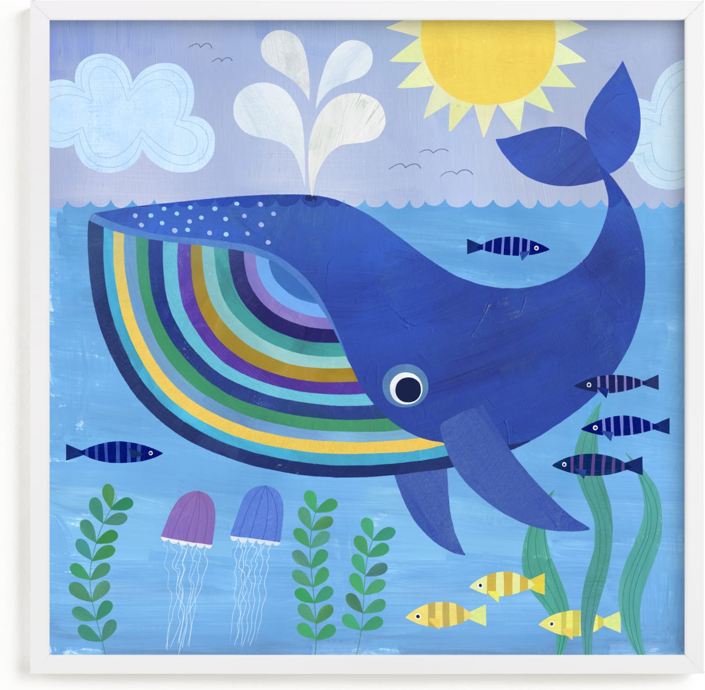 This is a blue kids wall art by melanie mikecz called Little Blue Whale.