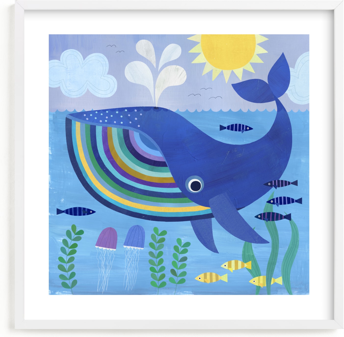 This is a blue kids wall art by melanie mikecz called Little Blue Whale.