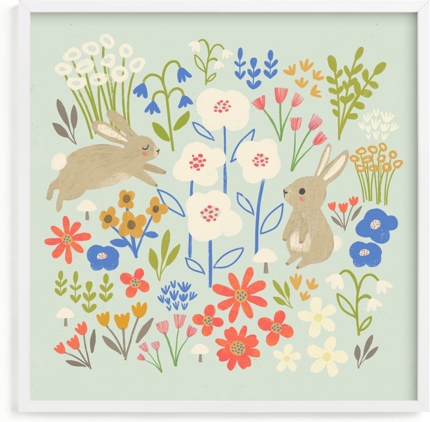 This is a blue kids wall art by Anne Lehman Stolpe called Bunnies in the Garden.