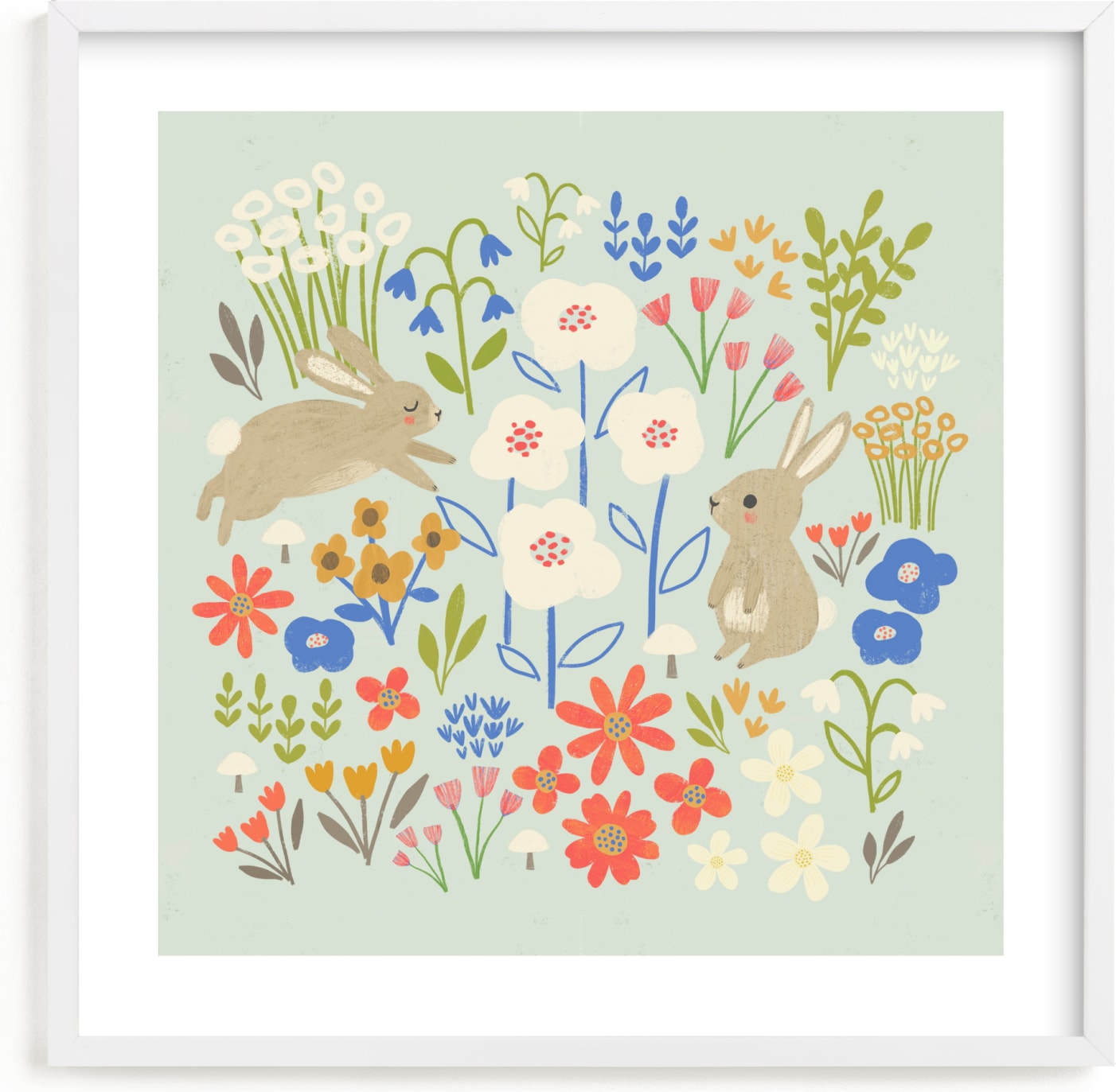 This is a blue kids wall art by Anne Lehman Stolpe called Bunnies in the Garden.