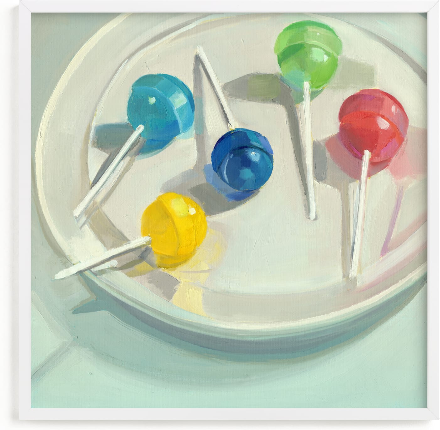 This is a blue kids wall art by Jenny Westenhofer called Lollipops.
