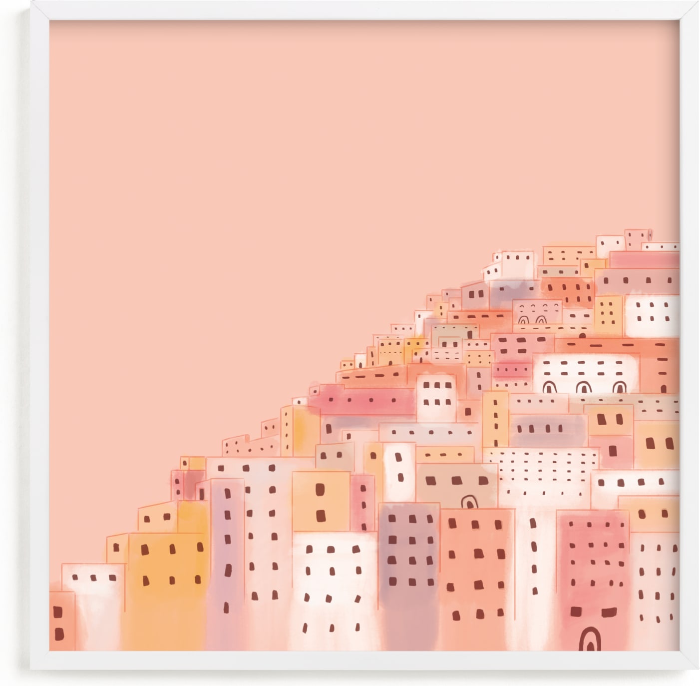 This is a yellow kids wall art by Laura Mitchell called Positano Houses.