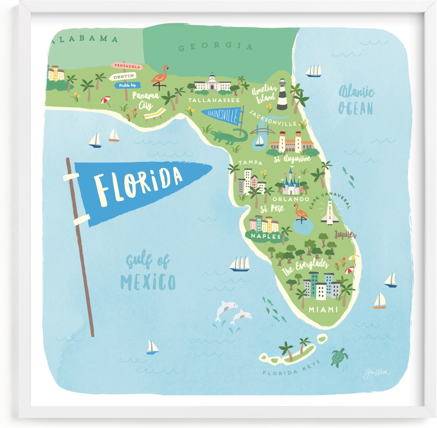This is a blue kids wall art by Jennifer Wick called Sunny Florida.