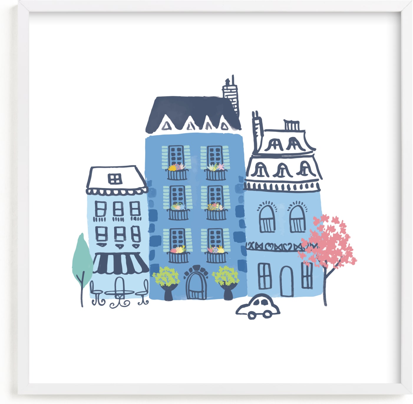 This is a blue kids wall art by Ali Macdonald called Paris, J'adore.